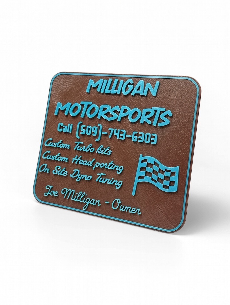 Milligan Motorsports custom 3D business plaque